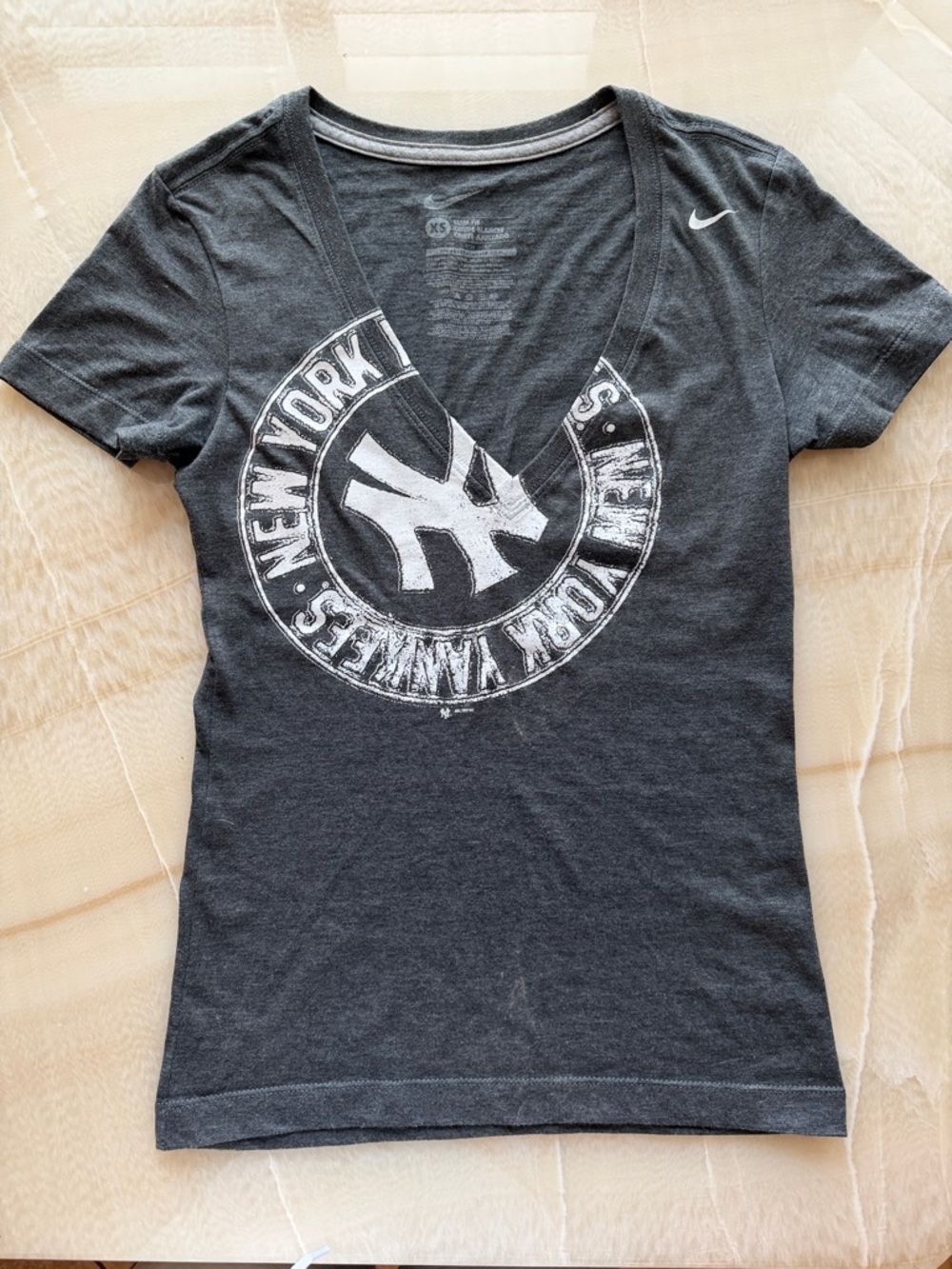 Nike Women's V-Neck Tee in Charcoal with White NY Yankees Logo